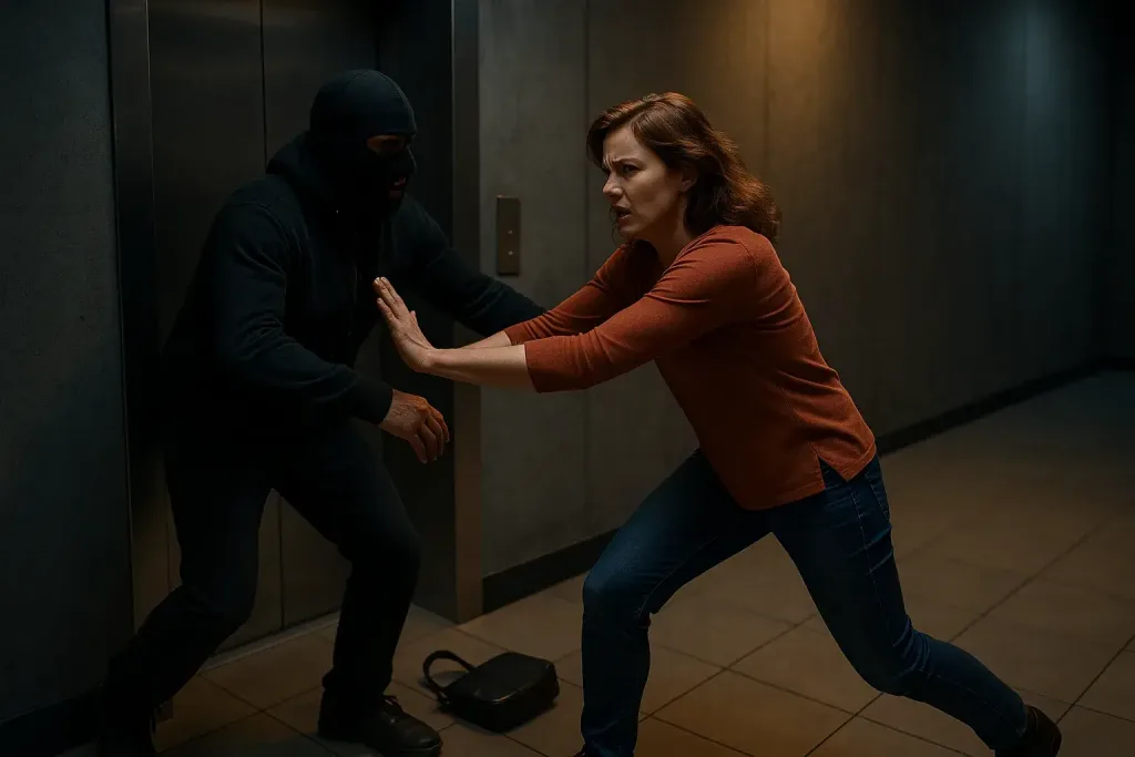 Женщина отражает нападение у лифта