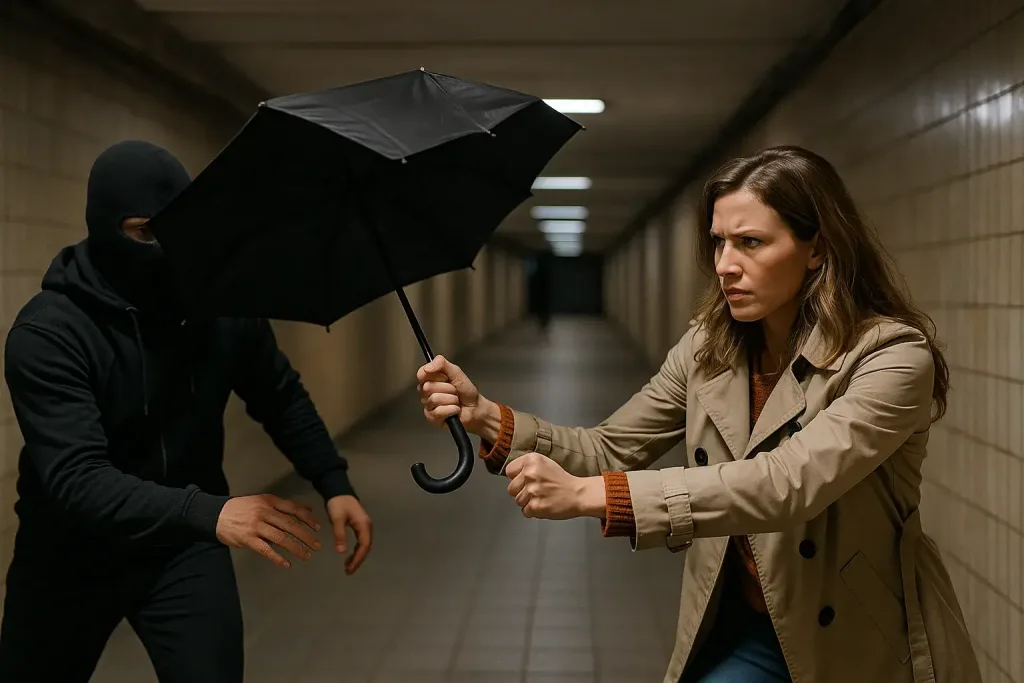 Женщина защищается зонтом в переходе