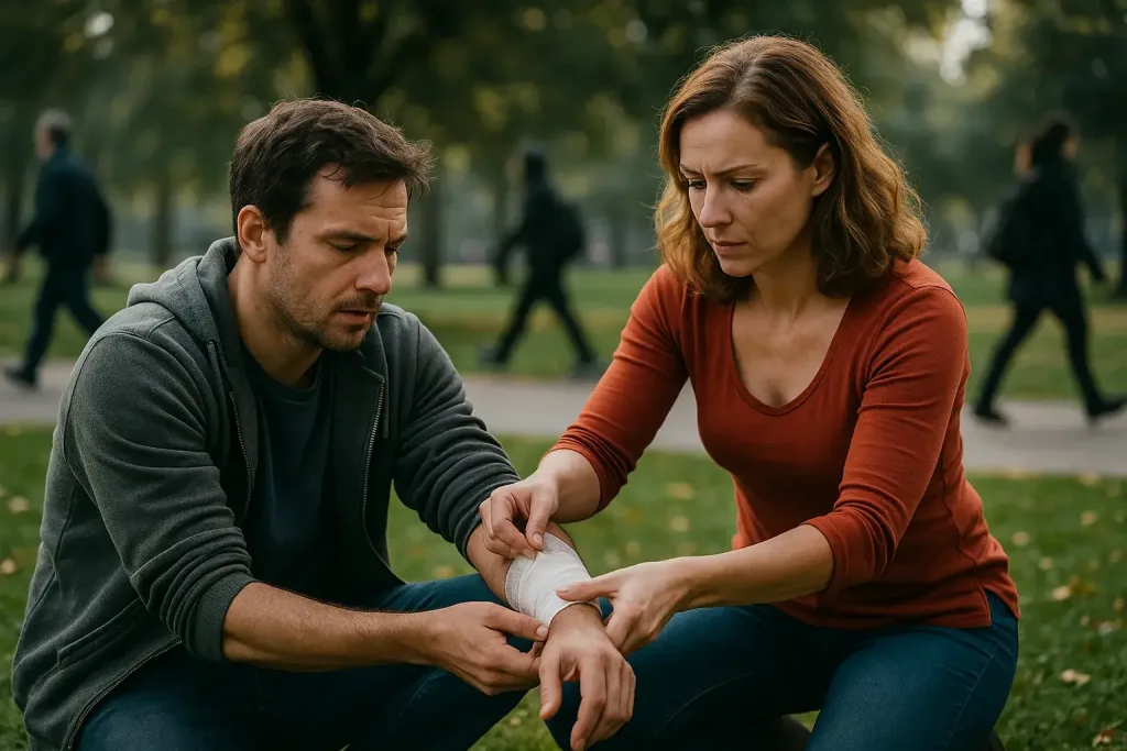 Женщина оказывает первую помощь в парке