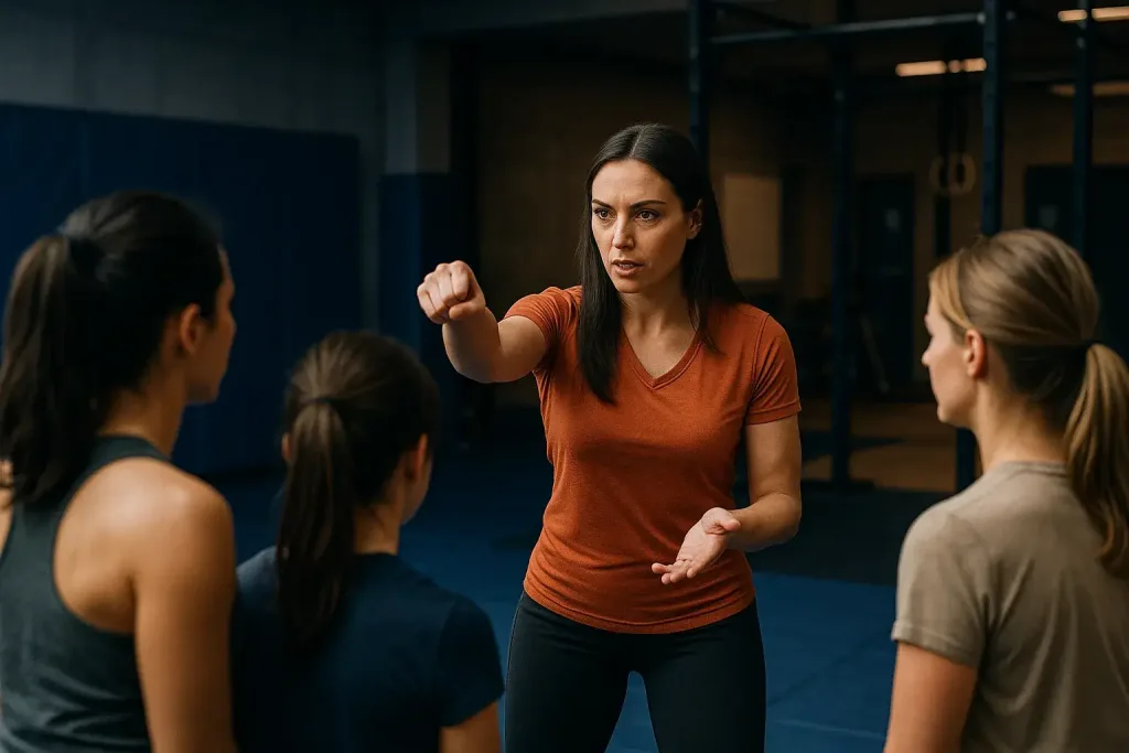 Женщина проводит тренировку по самообороне