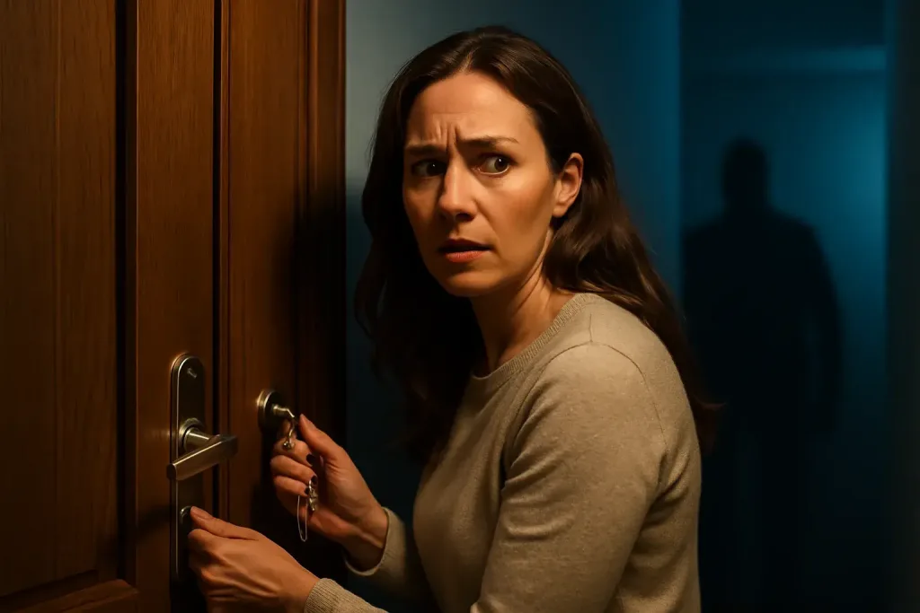 Женщина обнаруживает опасность у двери